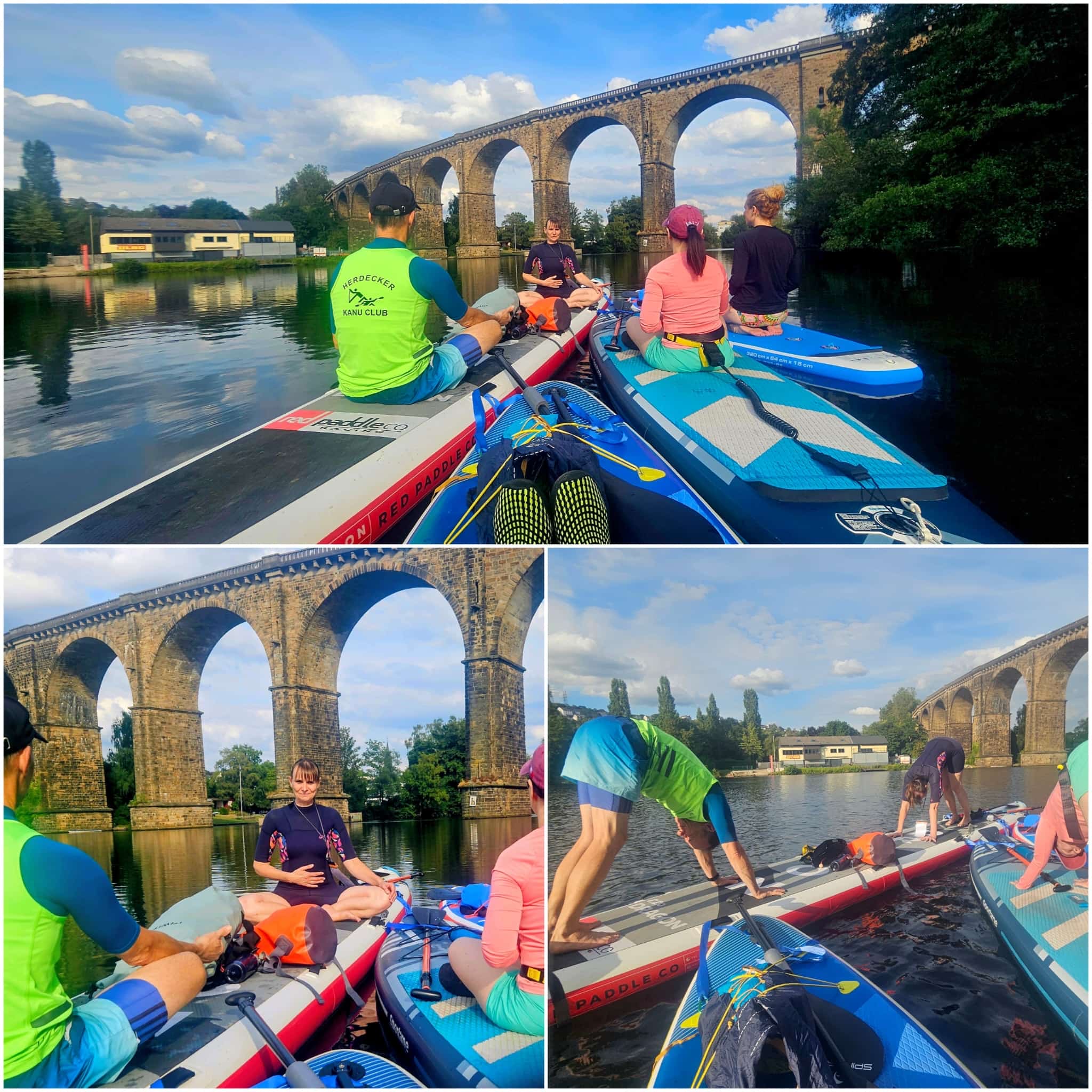 SUP Yoga auf der Ruhr in Herdecke: Gruppe auf Stand-up-Paddleboards vor dem Ruhrviadukt