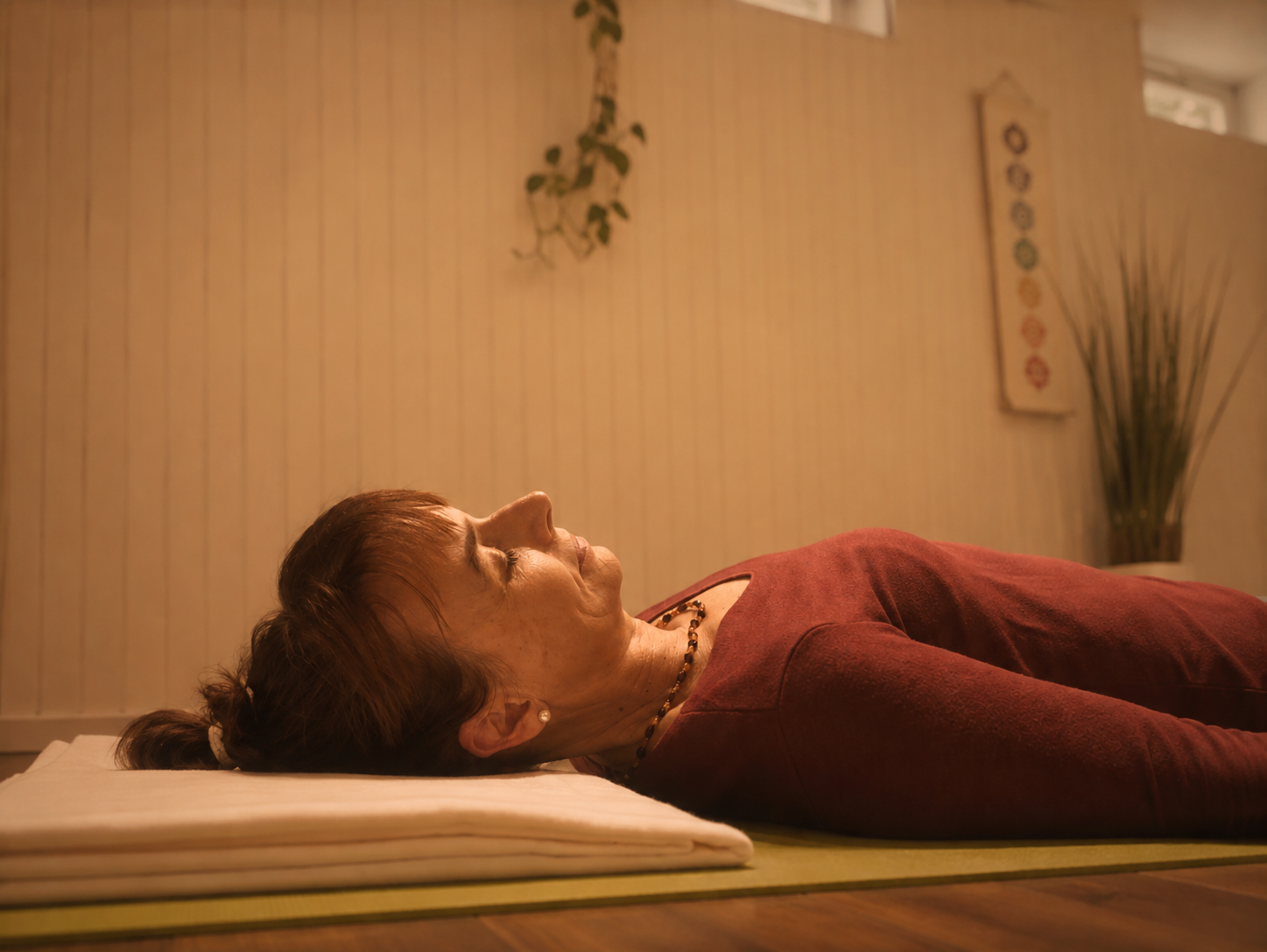 Teilnehmerin in entspannter Yoga-Nidra-Haltung im Liegen